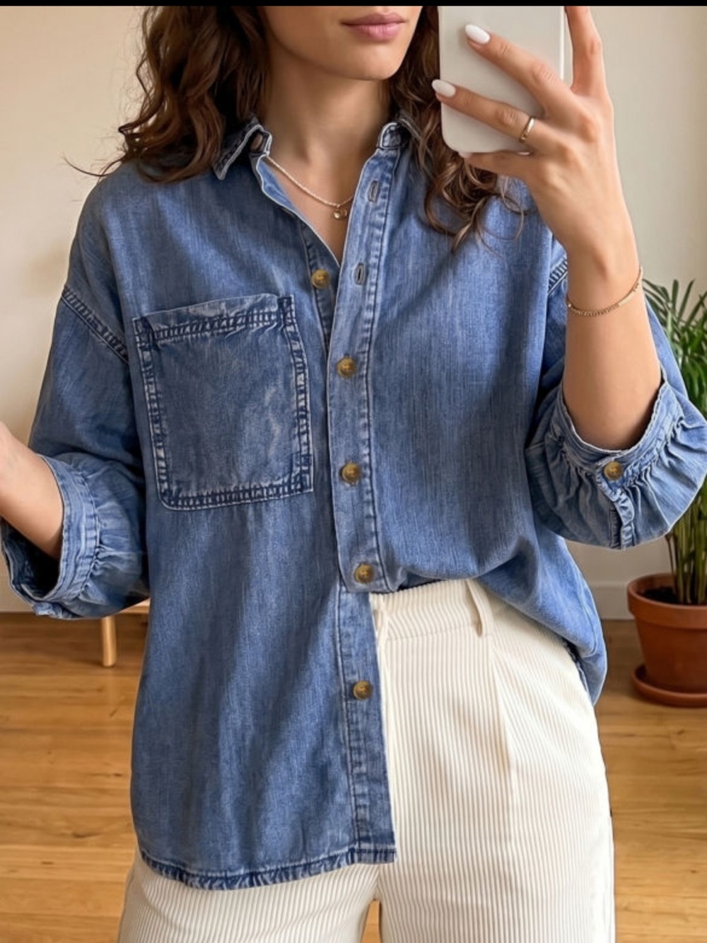 1288. Dark wash button front 3/4 loose fitting denim top